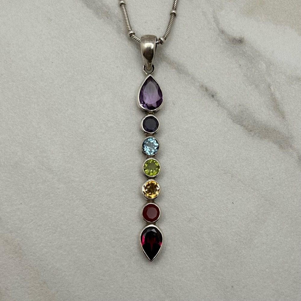 Sterling Silver Multi Gemstone Rainbow Chakra Pendant Necklace